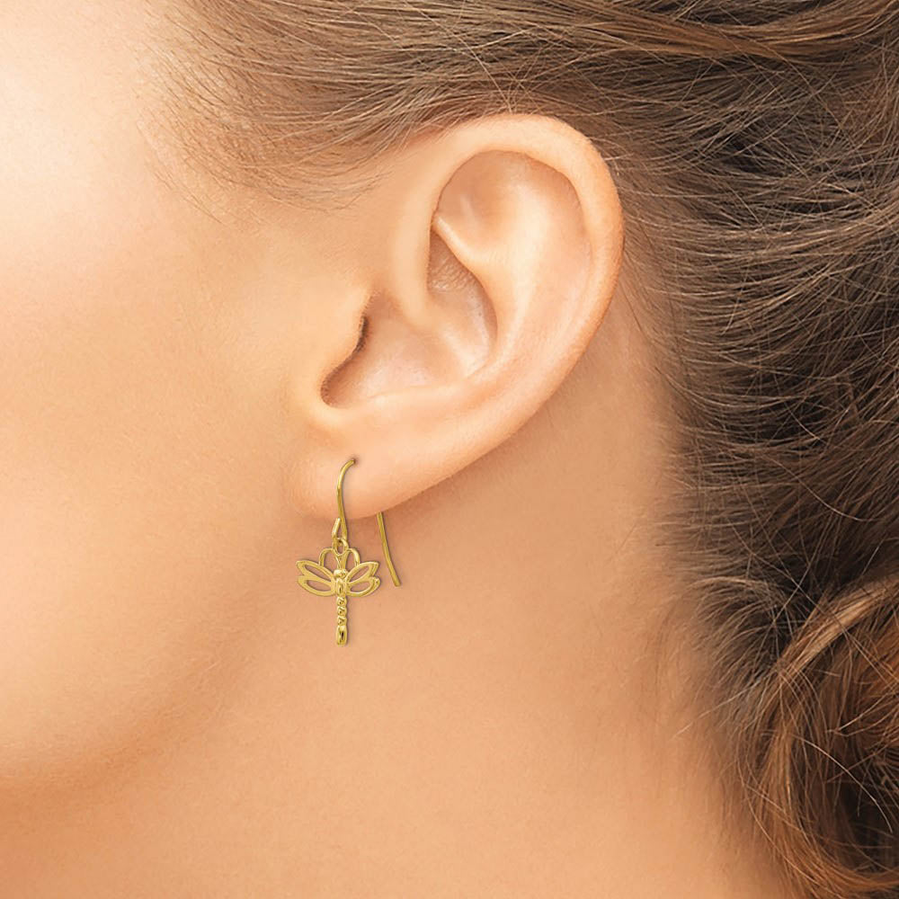 Alternate view of the Polished Dragonfly Dangle Earrings in 14k Yellow Gold by The Black Bow Jewelry Co.
