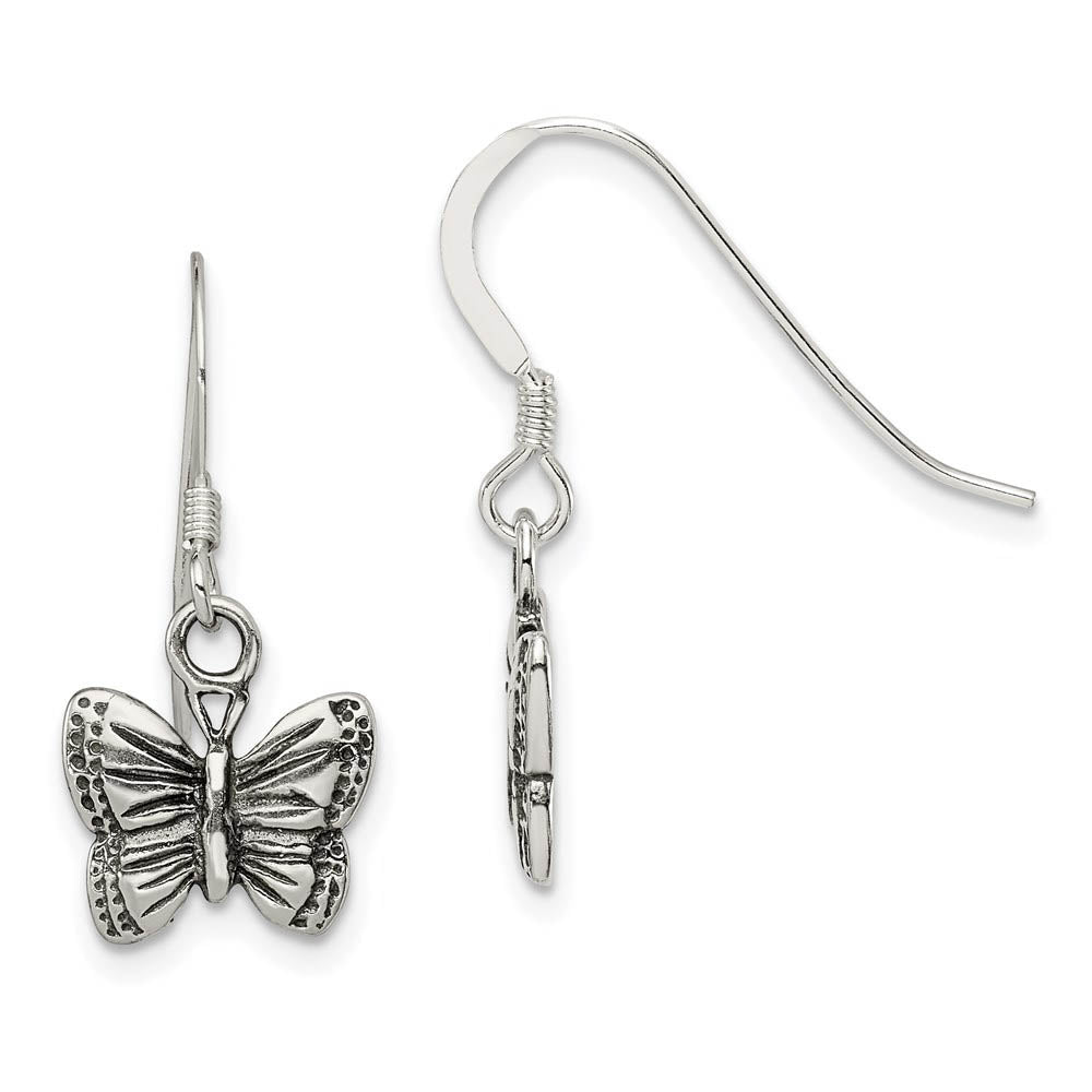 10mm Antiqued Butterfly Dangle Earrings in Sterling Silver, Item E10796 by The Black Bow Jewelry Co.
