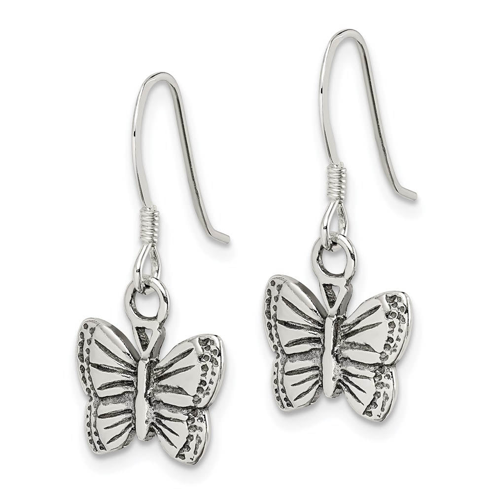 Alternate view of the 10mm Antiqued Butterfly Dangle Earrings in Sterling Silver by The Black Bow Jewelry Co.