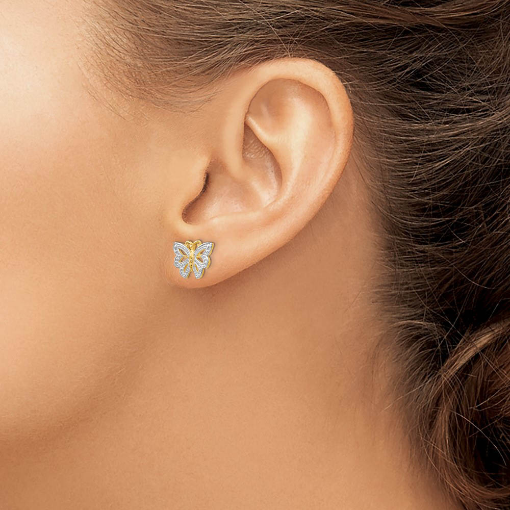 Alternate view of the 13mm Two Tone Butterfly Post Earrings in 14k Yellow Gold by The Black Bow Jewelry Co.