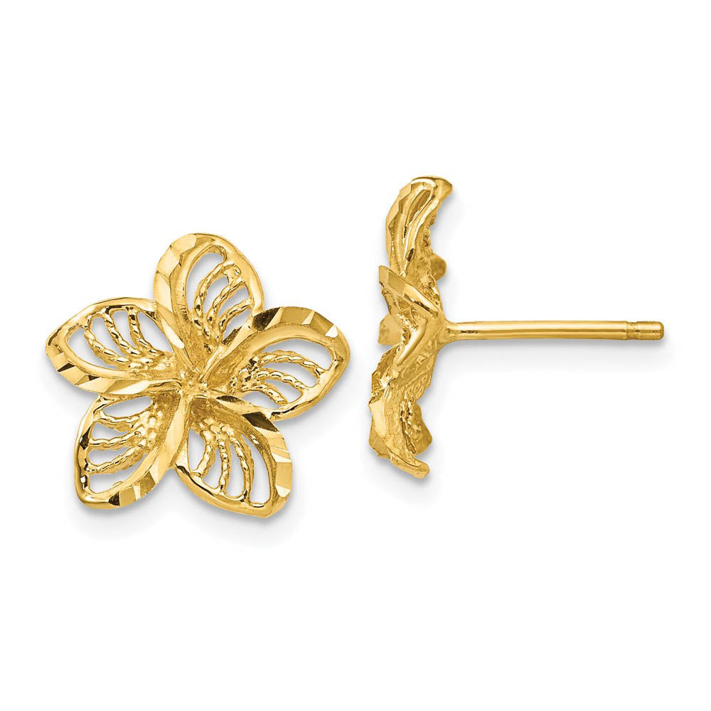 12mm Diamond Cut Filigree Plumeria Post Earrings in 14k Yellow Gold, Item E10816 by The Black Bow Jewelry Co.