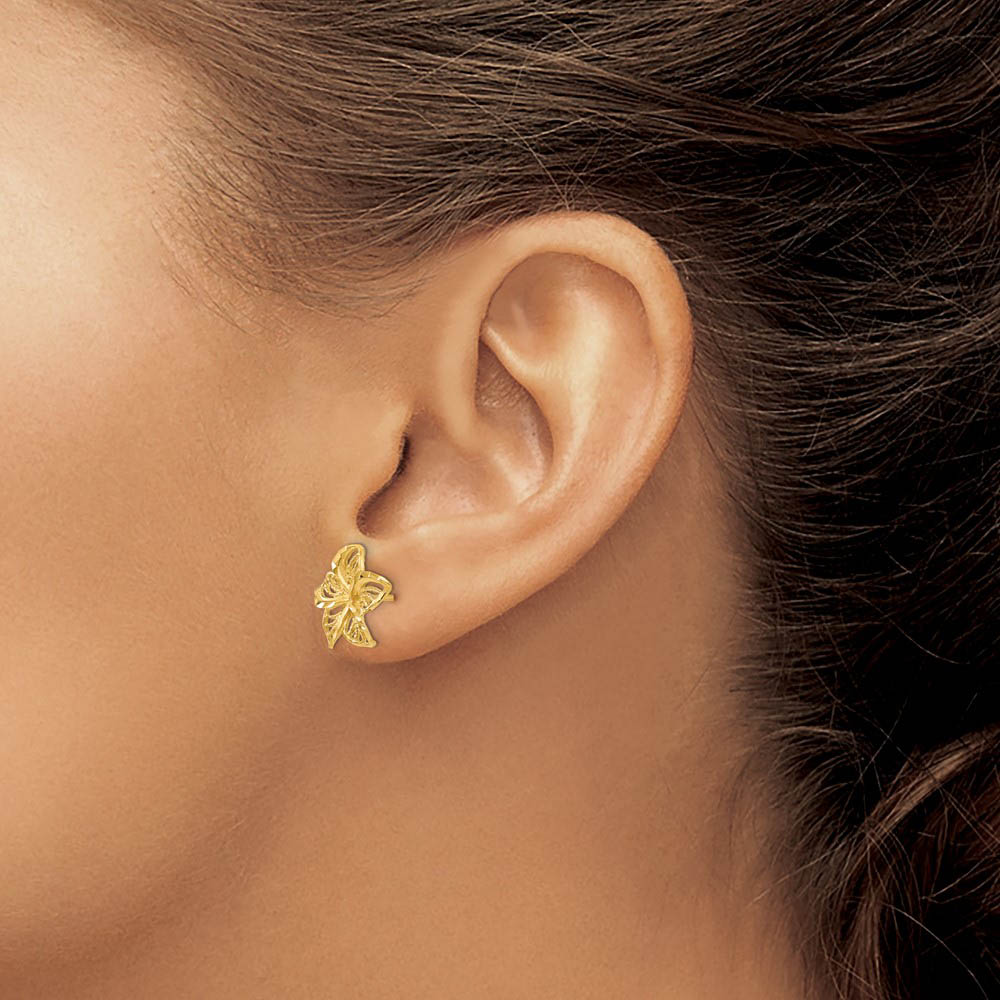 Alternate view of the 12mm Diamond Cut Filigree Plumeria Post Earrings in 14k Yellow Gold by The Black Bow Jewelry Co.
