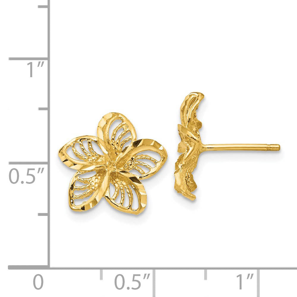 Alternate view of the 12mm Diamond Cut Filigree Plumeria Post Earrings in 14k Yellow Gold by The Black Bow Jewelry Co.