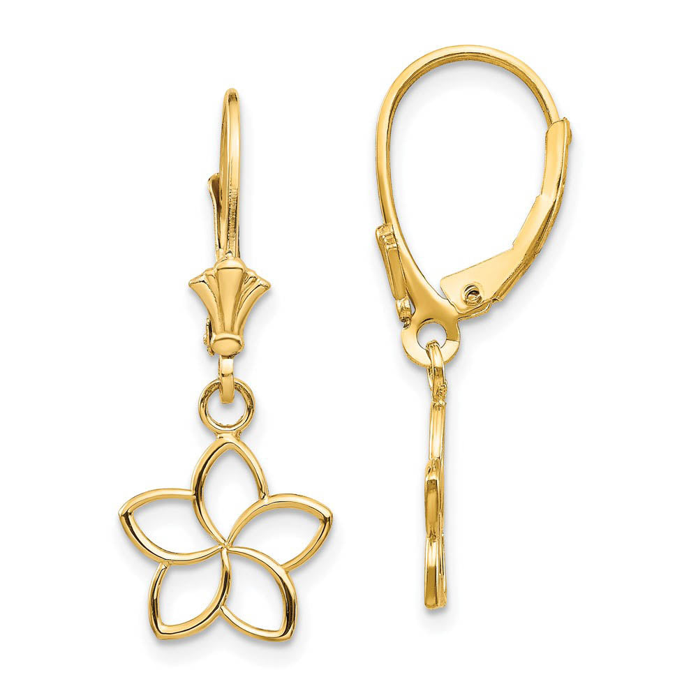 11mm Plumeria Silhouette Lever Back Earrings in 14k Yellow Gold, Item E10817 by The Black Bow Jewelry Co.