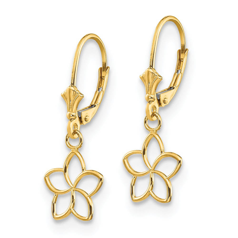 Alternate view of the 11mm Plumeria Silhouette Lever Back Earrings in 14k Yellow Gold by The Black Bow Jewelry Co.
