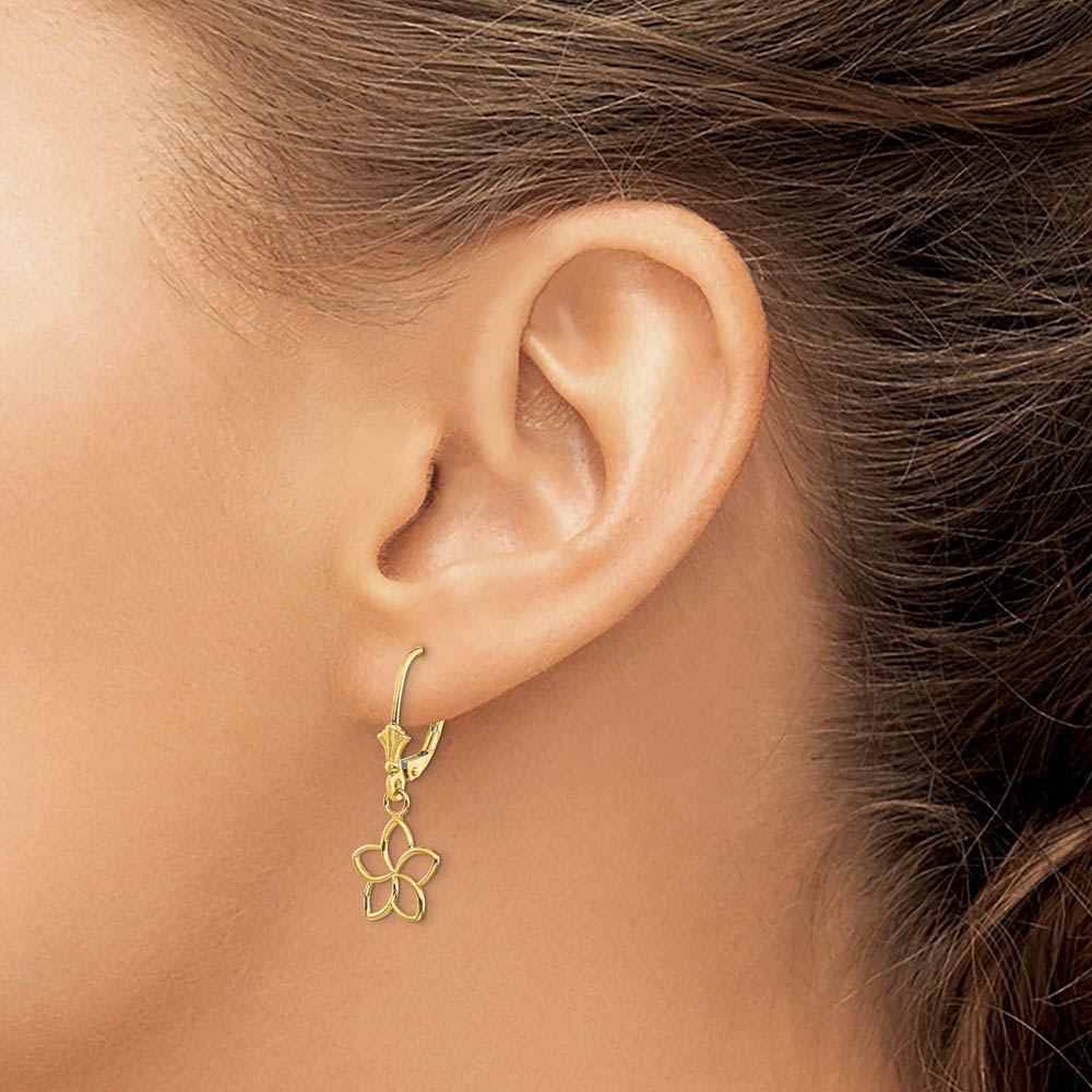 Alternate view of the 11mm Plumeria Silhouette Lever Back Earrings in 14k Yellow Gold by The Black Bow Jewelry Co.