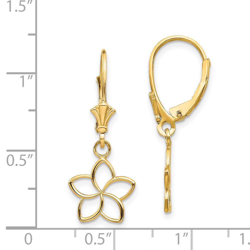 Alternate view of the 11mm Plumeria Silhouette Lever Back Earrings in 14k Yellow Gold by The Black Bow Jewelry Co.