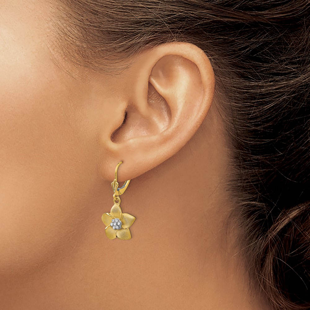 Alternate view of the Two Tone Flower Blossom Lever Back Earrings in 14k Gold by The Black Bow Jewelry Co.