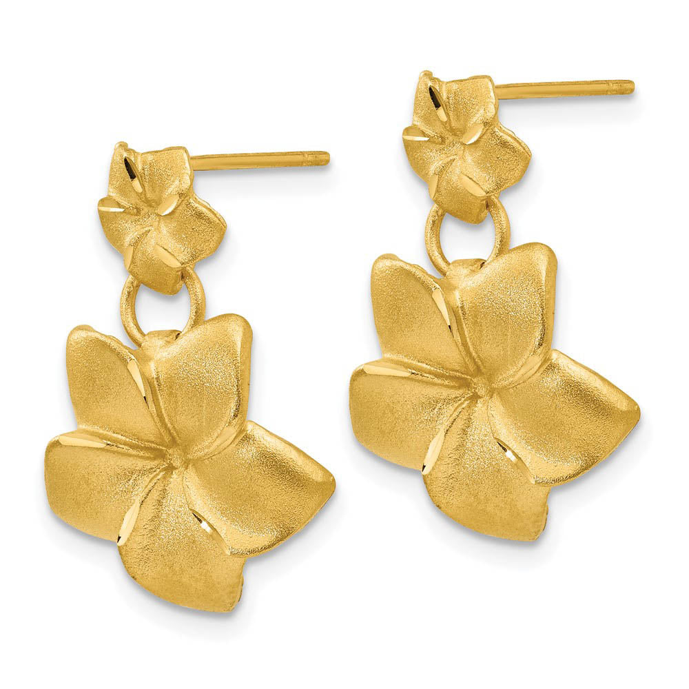 Alternate view of the Double Satin Plumeria Dangle Post Earrings in 14k Yellow Gold by The Black Bow Jewelry Co.