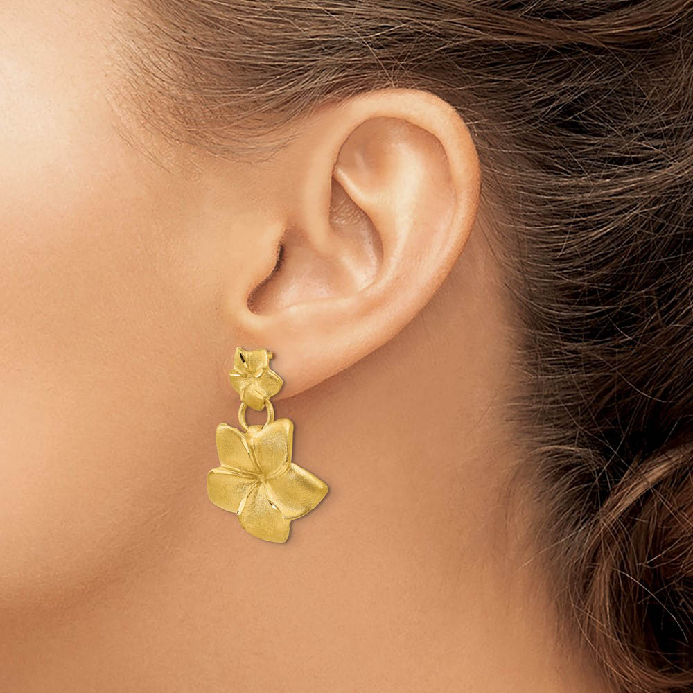 Alternate view of the Double Satin Plumeria Dangle Post Earrings in 14k Yellow Gold by The Black Bow Jewelry Co.