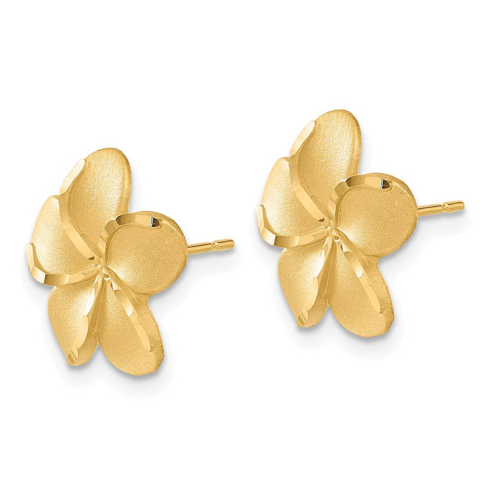 Alternate view of the 14mm Diamond Cut Plumeria French Wire Earrings in 14k Yellow Gold by The Black Bow Jewelry Co.