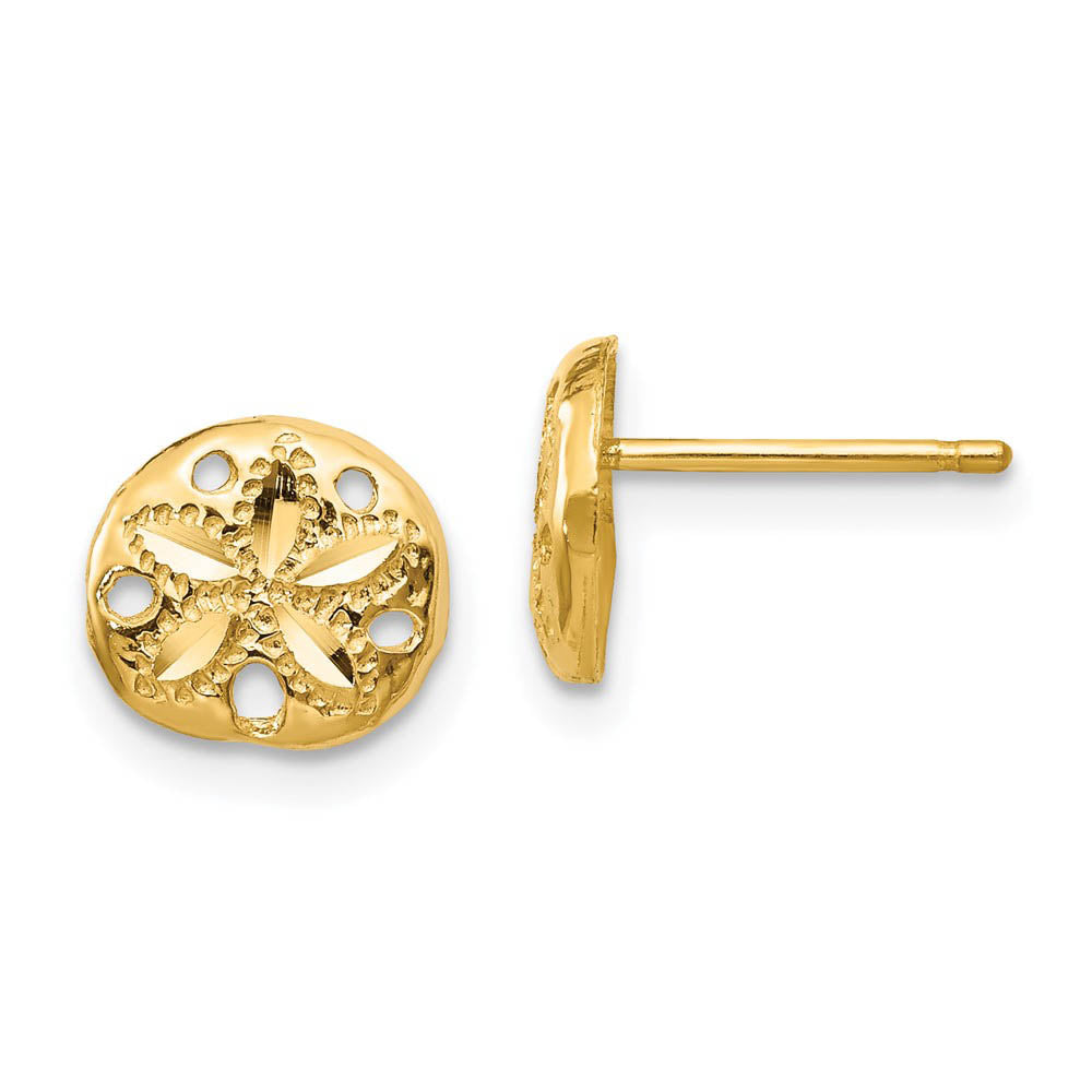 8mm Polished and Diamond Cut Sand Dollar Post Earrings in 14k Gold, Item E10827 by The Black Bow Jewelry Co.