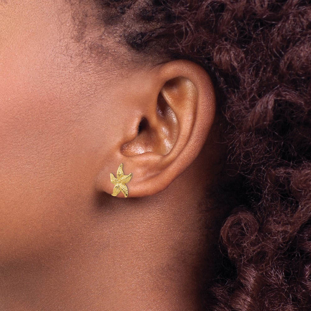 Alternate view of the 13mm Polished Textured Starfish Post Earrings in 14k Yellow Gold by The Black Bow Jewelry Co.