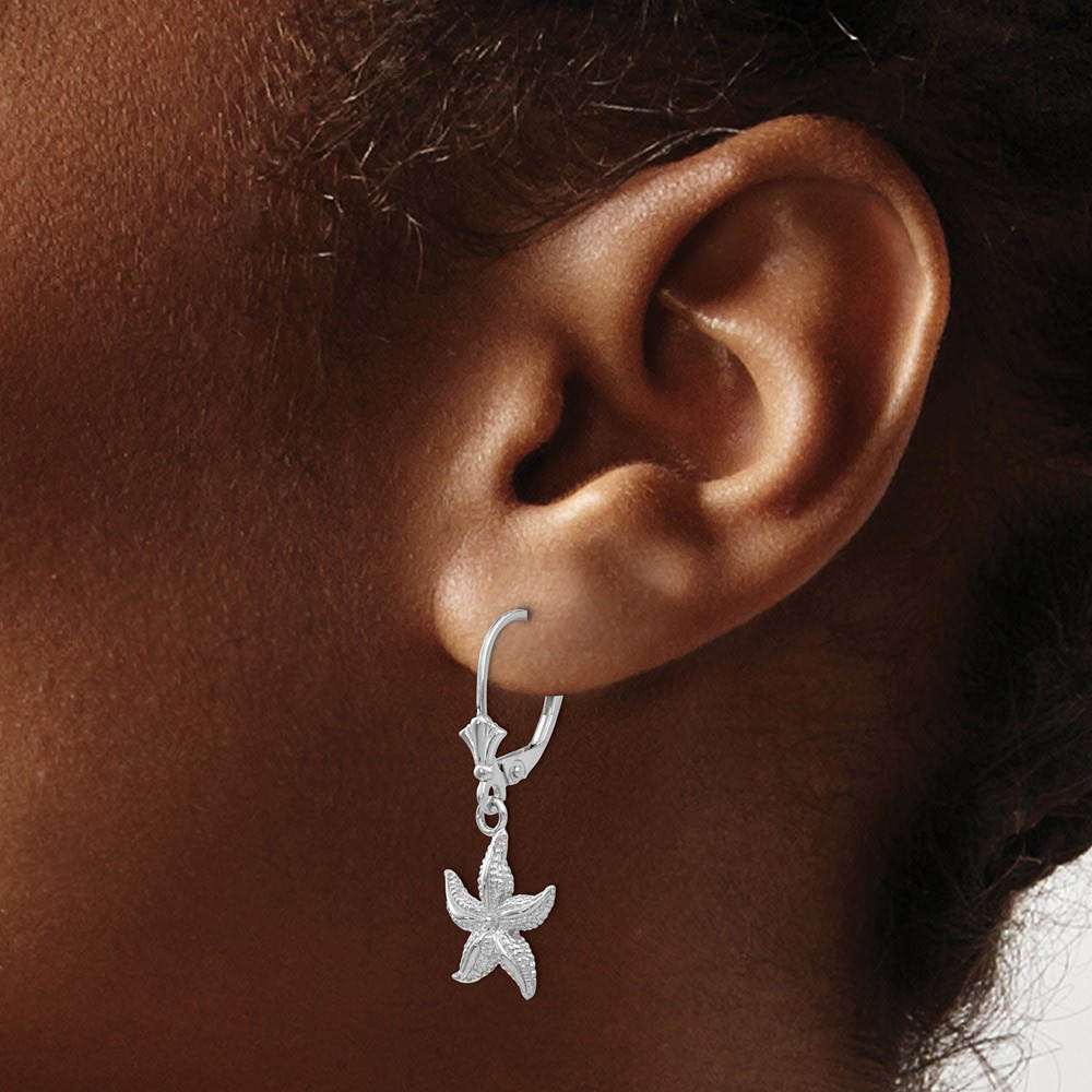 Alternate view of the 12mm Textured Starfish Lever Back Earrings in 14k White Gold by The Black Bow Jewelry Co.
