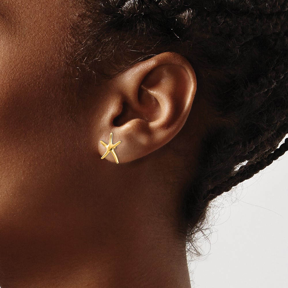 Alternate view of the 13mm Polished Pencil Starfish Post Earrings in 14k Yellow Gold by The Black Bow Jewelry Co.