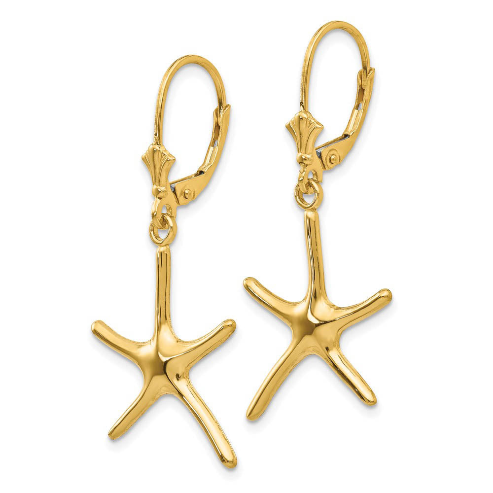 Alternate view of the Polished Pencil Starfish Lever Back Earrings in 14k Yellow Gold by The Black Bow Jewelry Co.