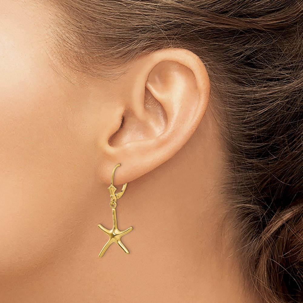 Alternate view of the Polished Pencil Starfish Lever Back Earrings in 14k Yellow Gold by The Black Bow Jewelry Co.