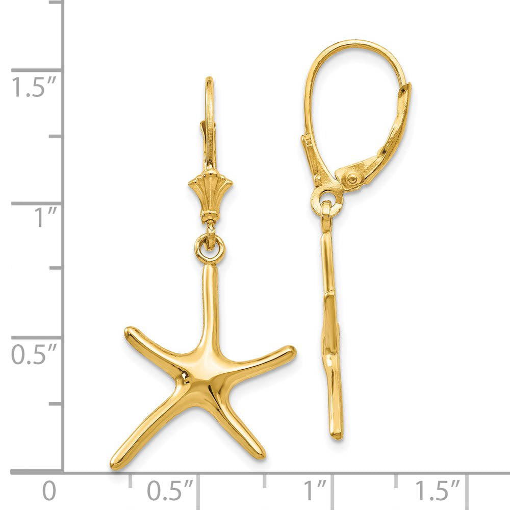 Alternate view of the Polished Pencil Starfish Lever Back Earrings in 14k Yellow Gold by The Black Bow Jewelry Co.