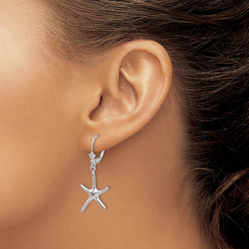 Alternate view of the Polished Pencil Starfish Lever Back Earrings in 14k White Gold by The Black Bow Jewelry Co.