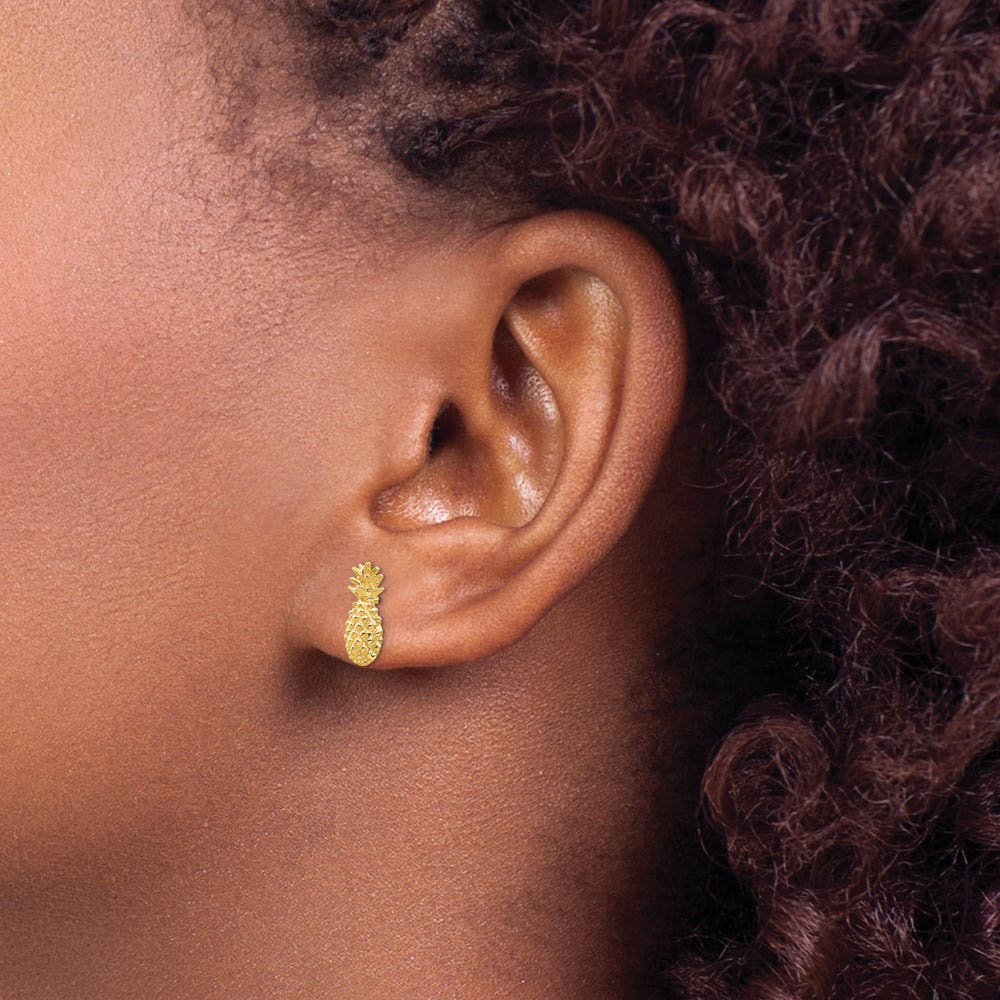 Alternate view of the Small Textured Pineapple Post Earrings in 14k Yellow Gold by The Black Bow Jewelry Co.