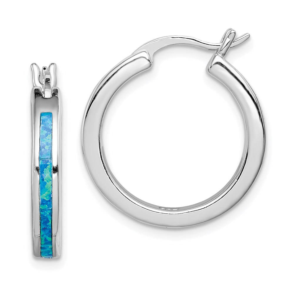 Created Blue Opal Inlay Round Hoop Earrings in Silver, 20mm (3/4 in), Item E10882 by The Black Bow Jewelry Co.