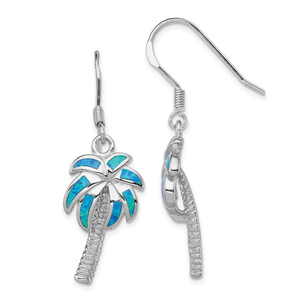 Created Blue Opal Inlay Palm Tree Dangle Earrings in Sterling Silver, Item E10883 by The Black Bow Jewelry Co.