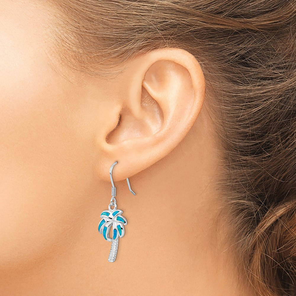 Alternate view of the Created Blue Opal Inlay Palm Tree Dangle Earrings in Sterling Silver by The Black Bow Jewelry Co.