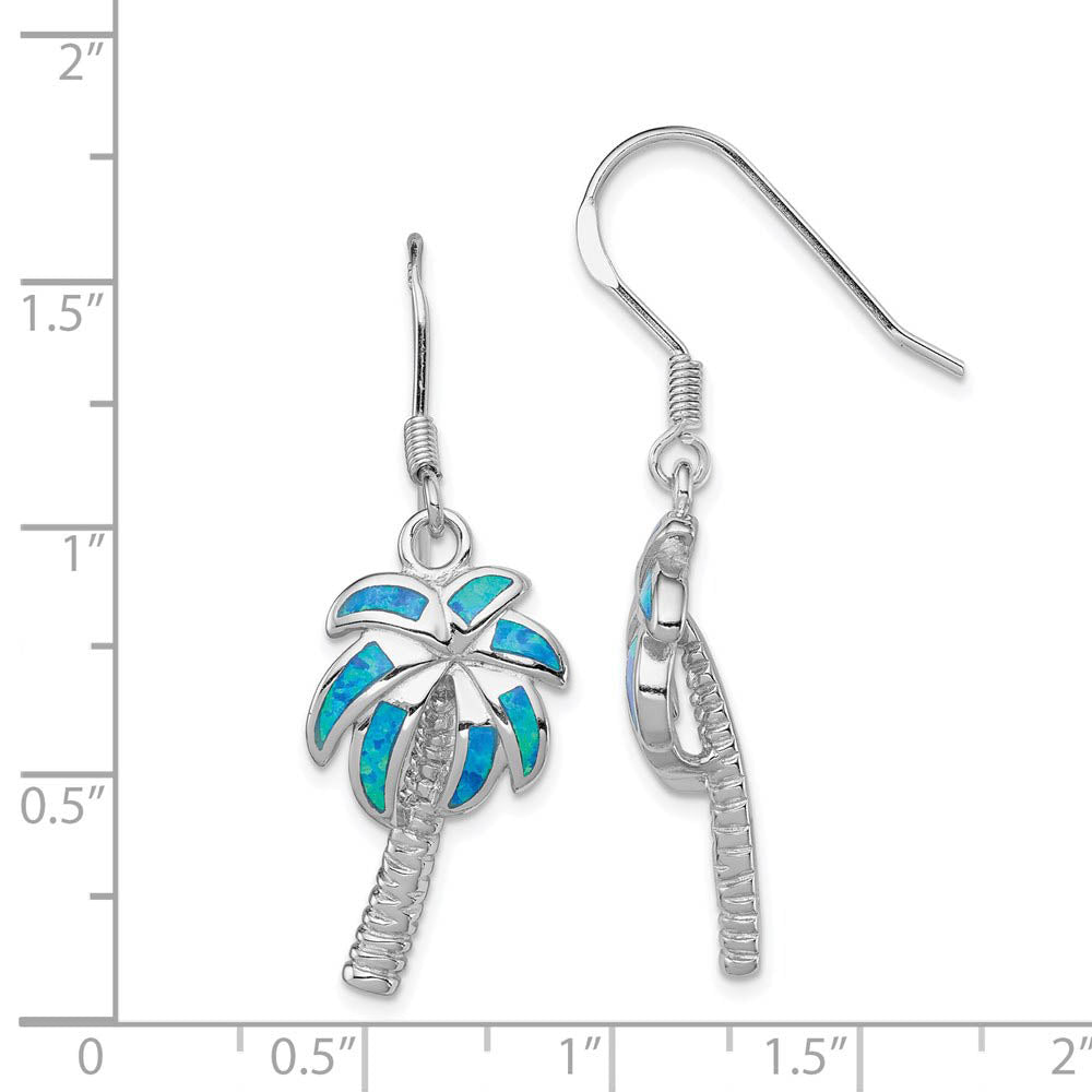 Alternate view of the Created Blue Opal Inlay Palm Tree Dangle Earrings in Sterling Silver by The Black Bow Jewelry Co.