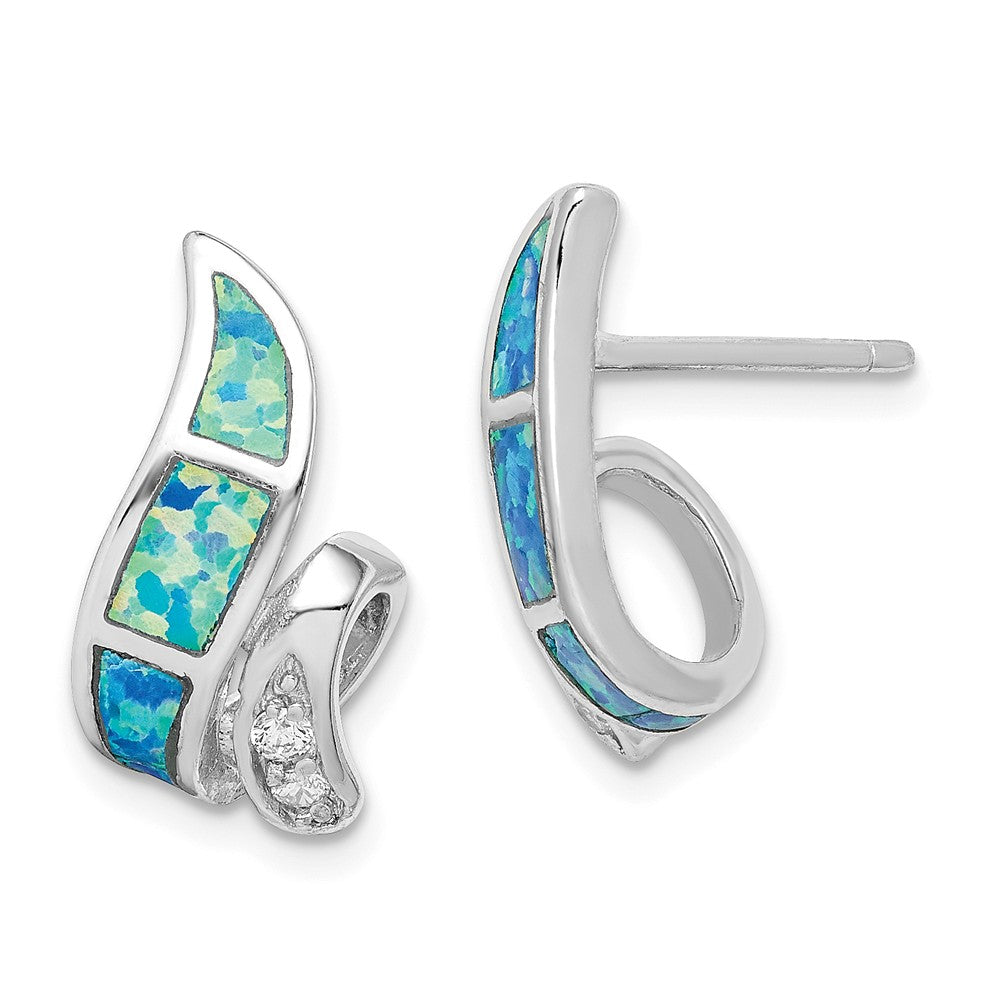 Created Blue Opal and CZ Twisted Post Earrings in Sterling Silver, Item E10884 by The Black Bow Jewelry Co.