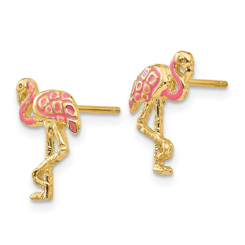 Alternate view of the Pink Flamingo Post Earrings in 14k Yellow Gold and Enamel by The Black Bow Jewelry Co.