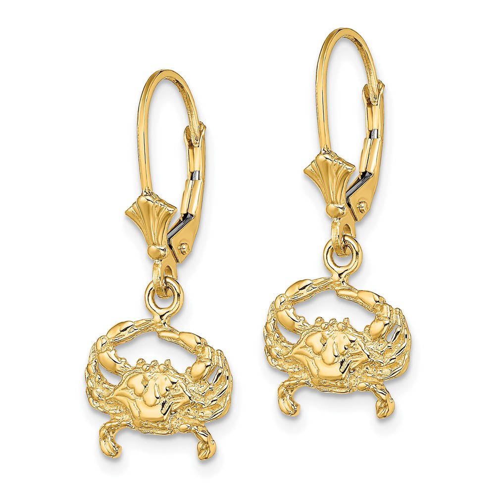 Alternate view of the Blue Crab Lever Back Earrings in 14k Yellow Gold by The Black Bow Jewelry Co.