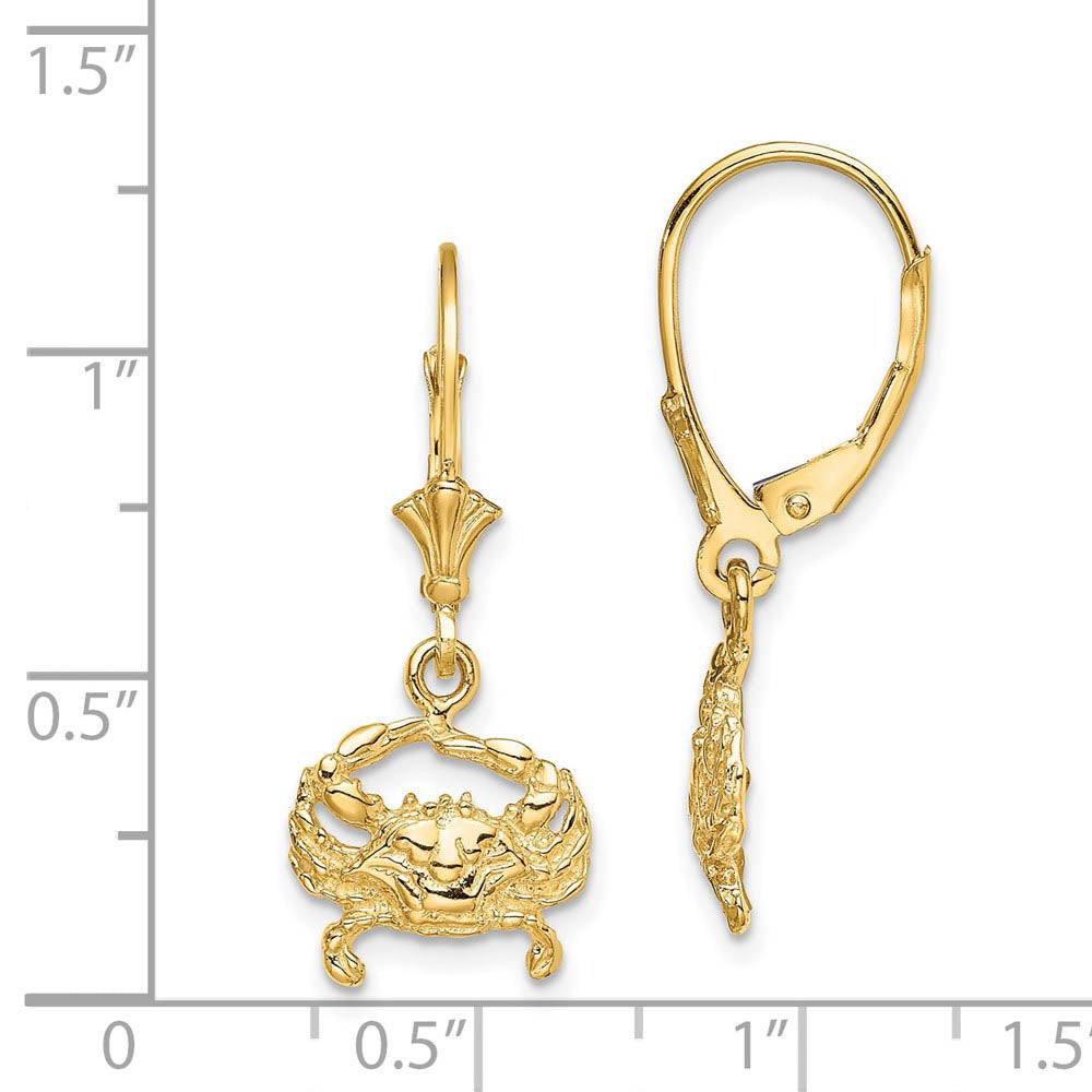 Alternate view of the Blue Crab Lever Back Earrings in 14k Yellow Gold by The Black Bow Jewelry Co.