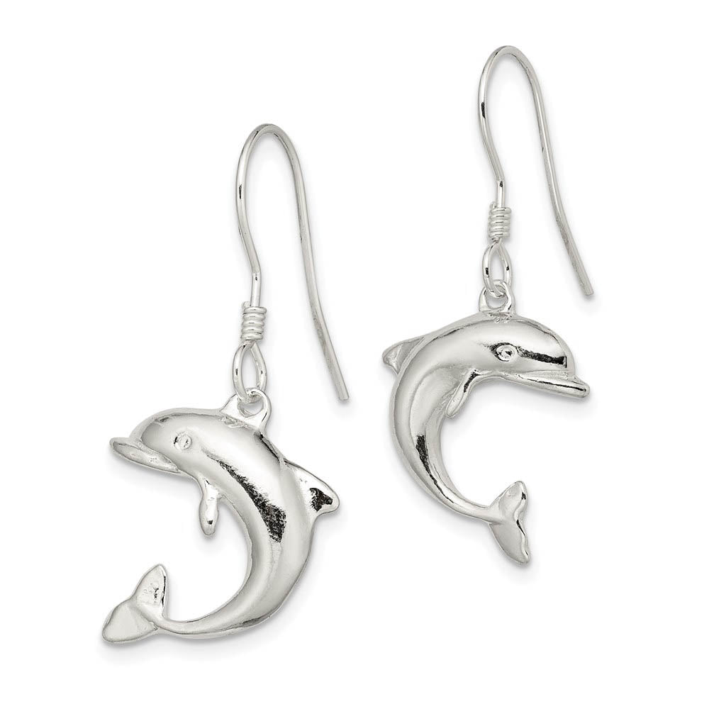 Alternate view of the Polished Dolphin Dangle Earrings in Sterling Silver by The Black Bow Jewelry Co.