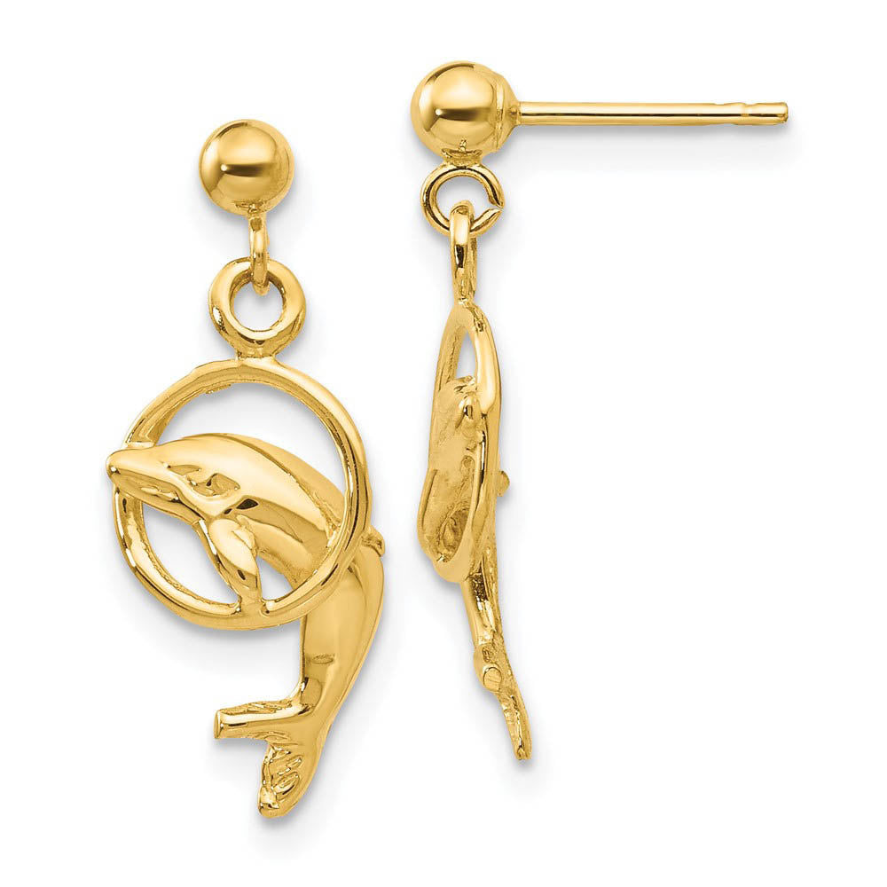 Dolphin & Hoop Dangle Post Earrings in 14k Yellow Gold, Item E10909 by The Black Bow Jewelry Co.