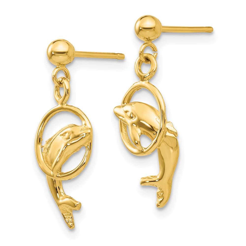 Alternate view of the Dolphin & Hoop Dangle Post Earrings in 14k Yellow Gold by The Black Bow Jewelry Co.