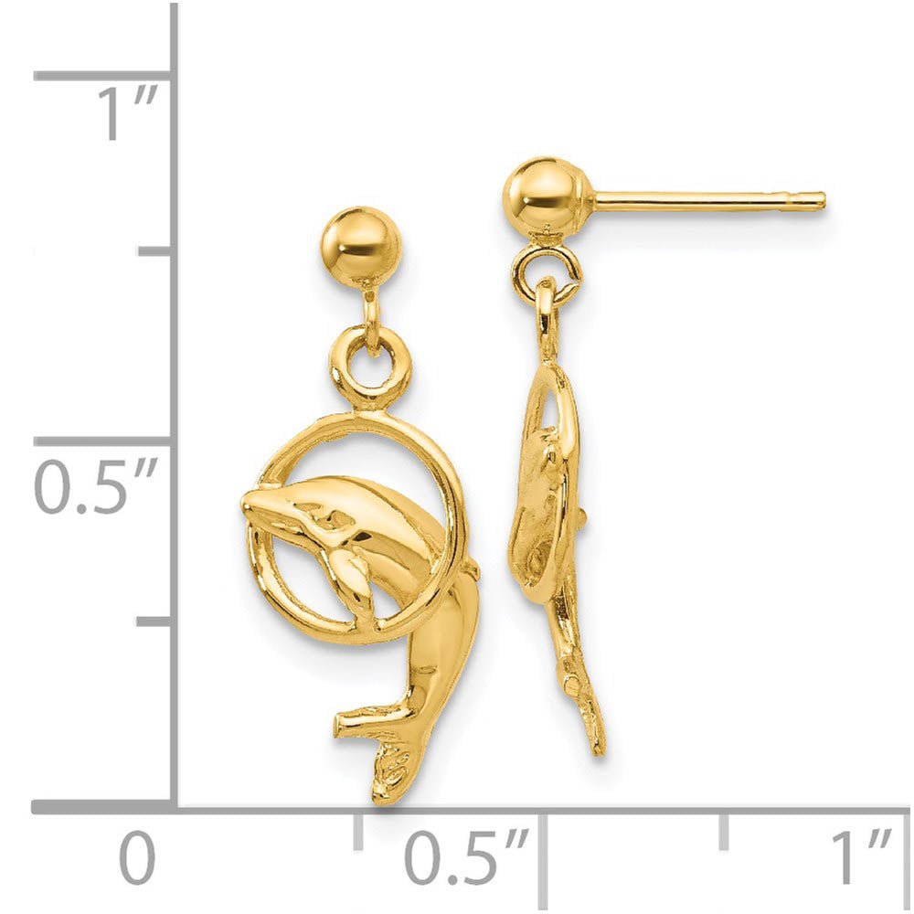 Alternate view of the Dolphin & Hoop Dangle Post Earrings in 14k Yellow Gold by The Black Bow Jewelry Co.