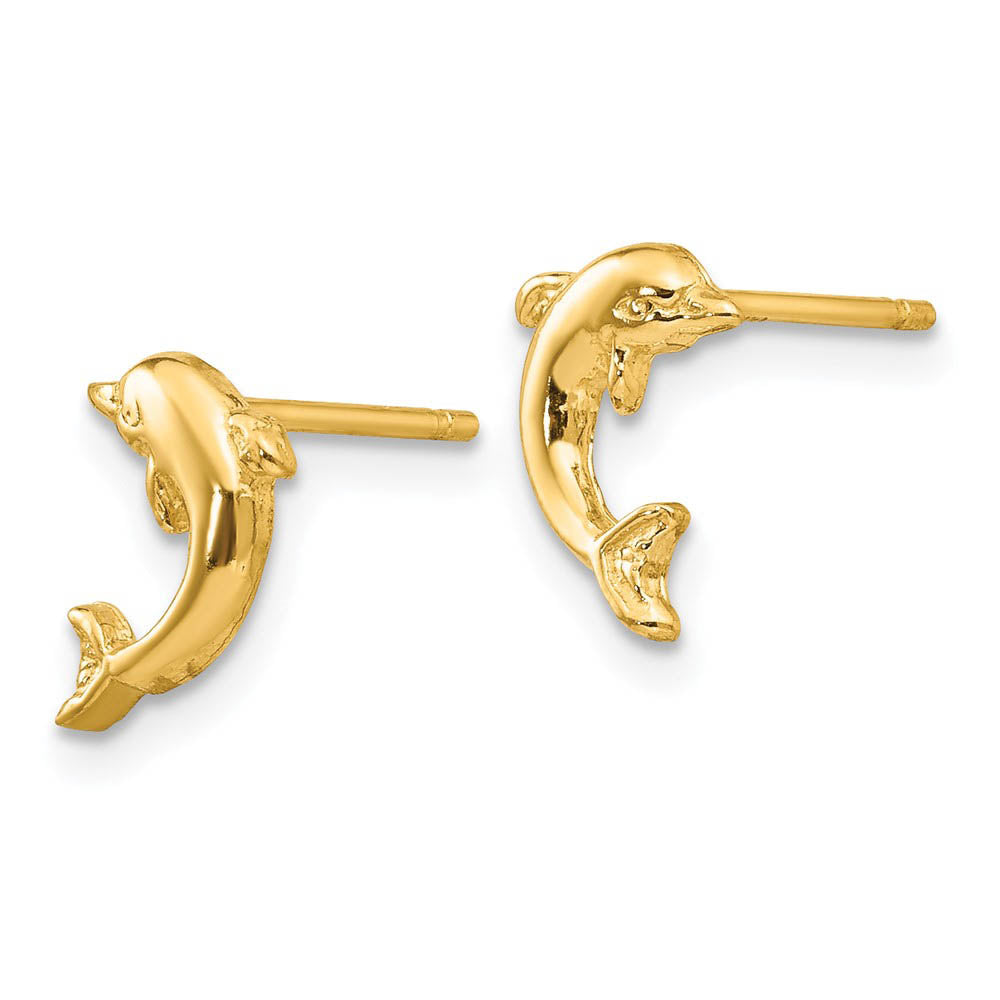 Alternate view of the Small 2D Jumping Dolphin Post Earrings in 14k Yellow Gold by The Black Bow Jewelry Co.