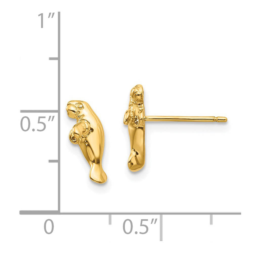 Alternate view of the Mini Manatee Post Earrings in 14k Yellow Gold by The Black Bow Jewelry Co.