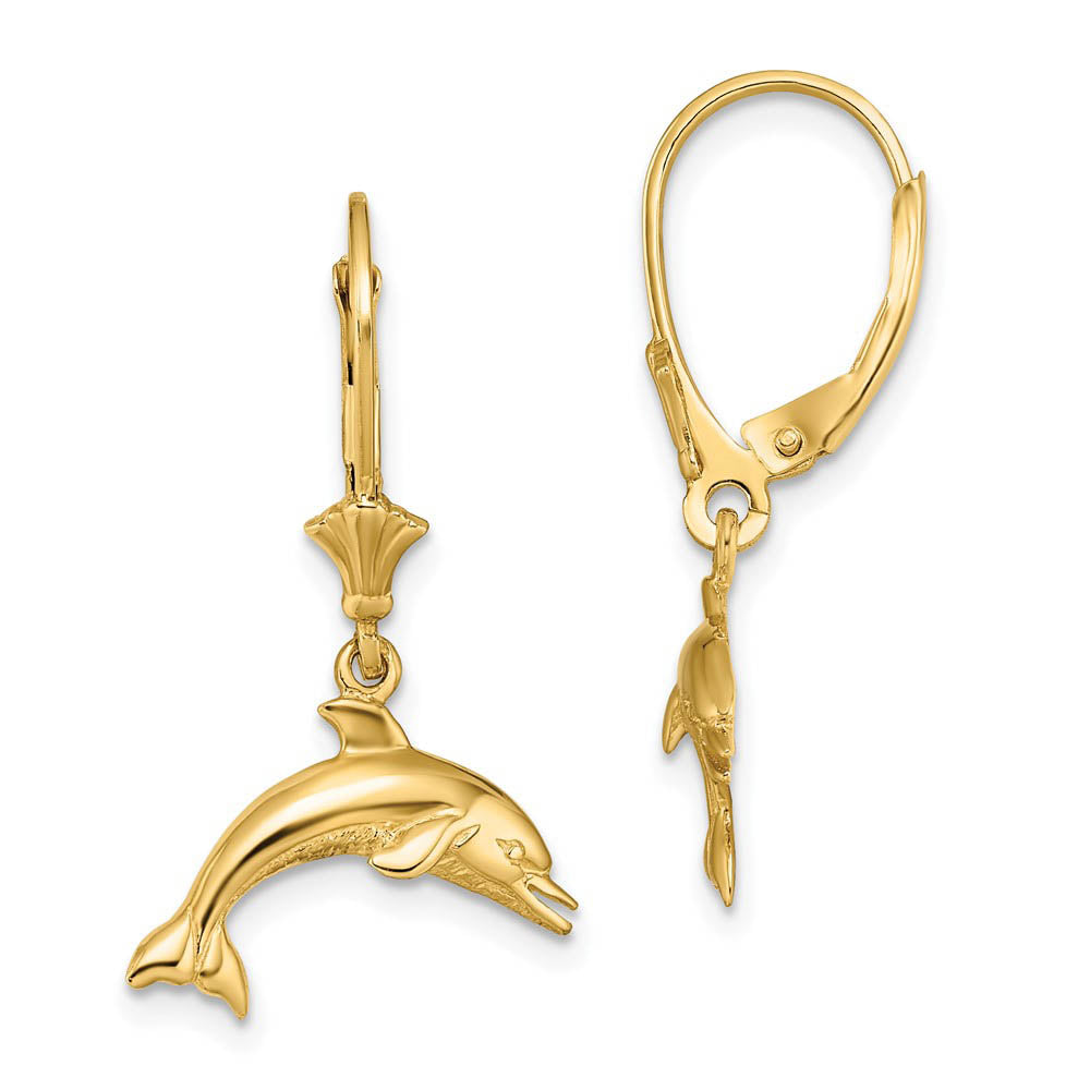 16mm Polished Dolphin Lever Back Earrings in 14k Yellow Gold, Item E10919 by The Black Bow Jewelry Co.