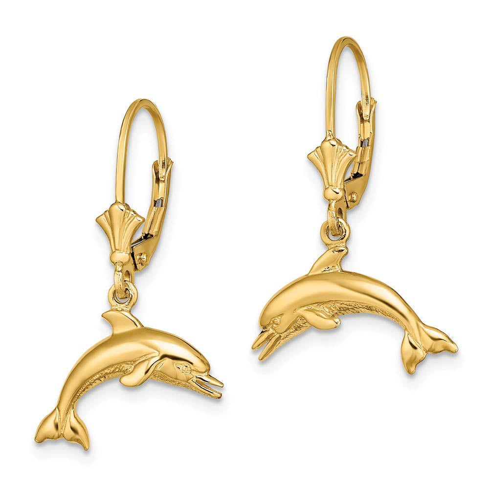 Alternate view of the 16mm Polished Dolphin Lever Back Earrings in 14k Yellow Gold by The Black Bow Jewelry Co.