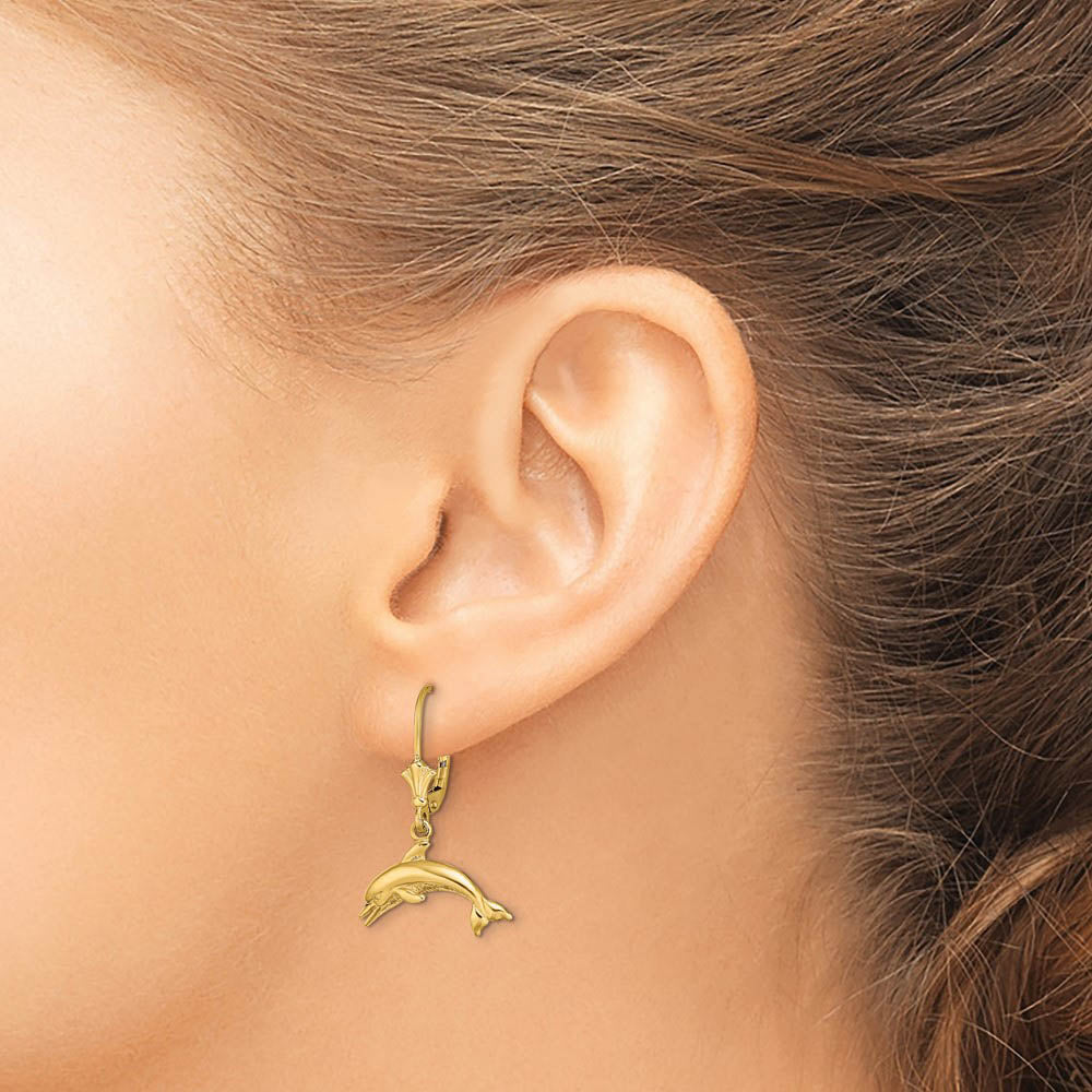 Alternate view of the 16mm Polished Dolphin Lever Back Earrings in 14k Yellow Gold by The Black Bow Jewelry Co.