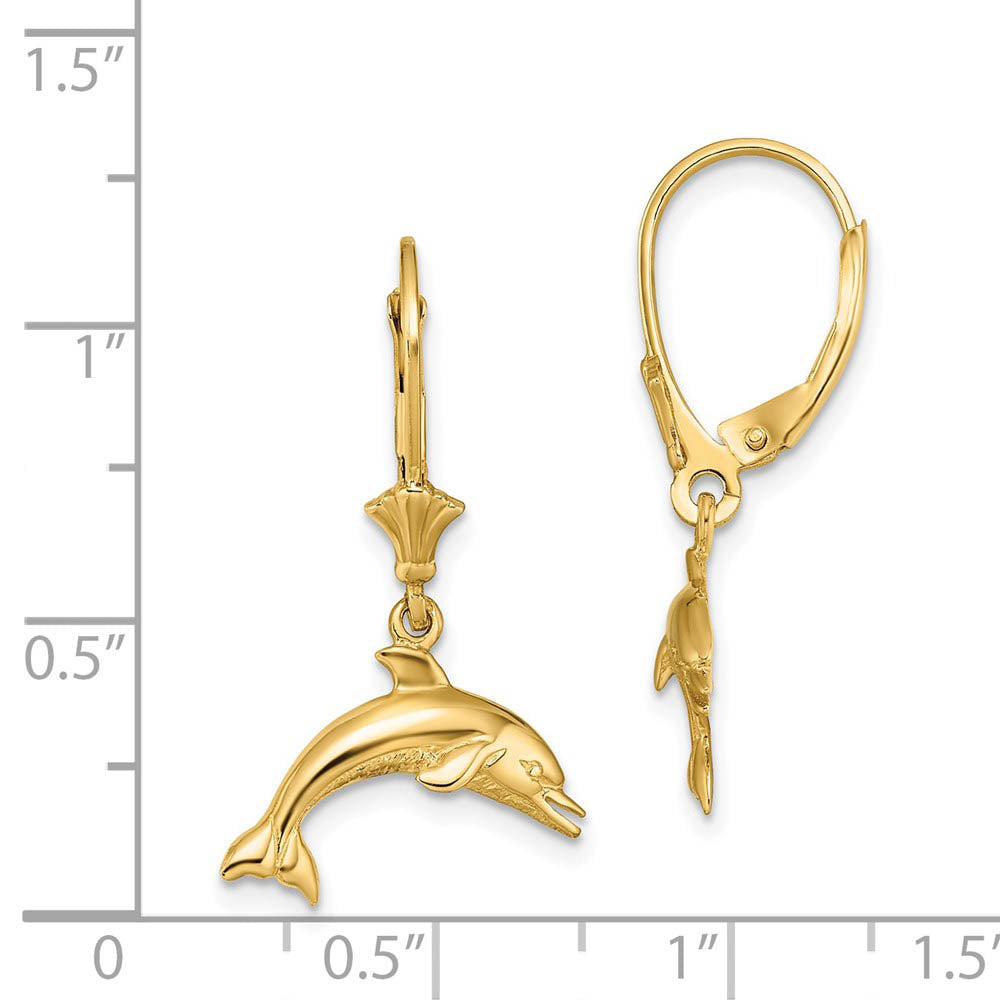 Alternate view of the 16mm Polished Dolphin Lever Back Earrings in 14k Yellow Gold by The Black Bow Jewelry Co.