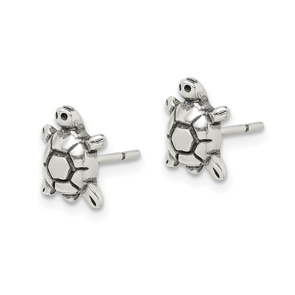Alternate view of the Kids Antiqued Turtle Post Earrings in Sterling Silver by The Black Bow Jewelry Co.