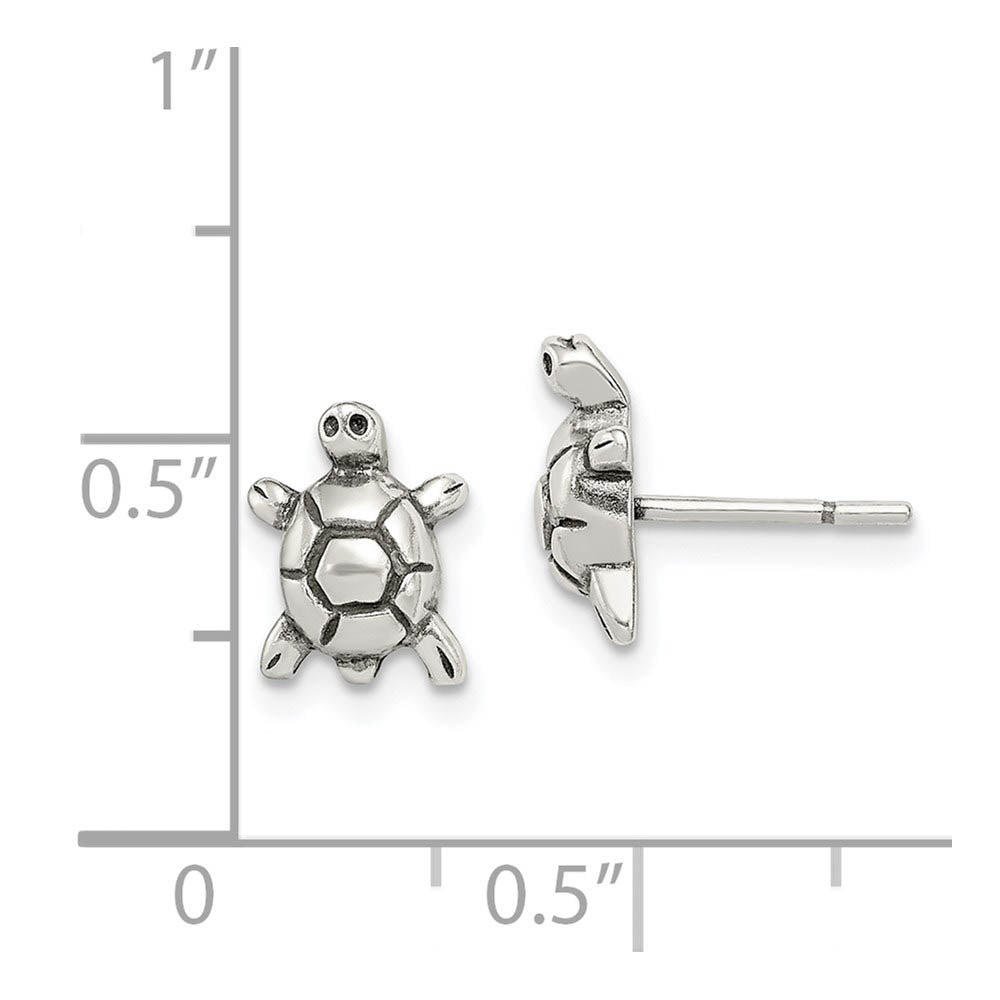 Alternate view of the Kids Antiqued Turtle Post Earrings in Sterling Silver by The Black Bow Jewelry Co.