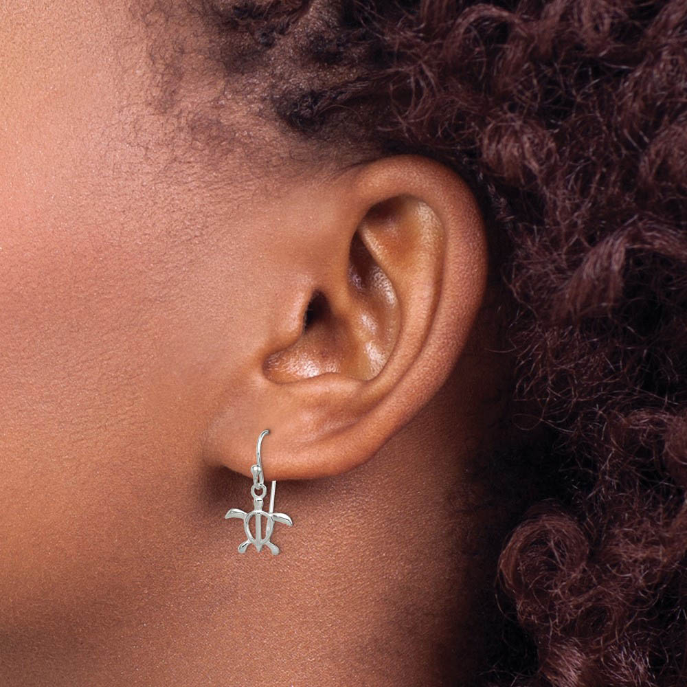 Alternate view of the Small Open Sea Turtle Dangle Earrings in Sterling Silver by The Black Bow Jewelry Co.
