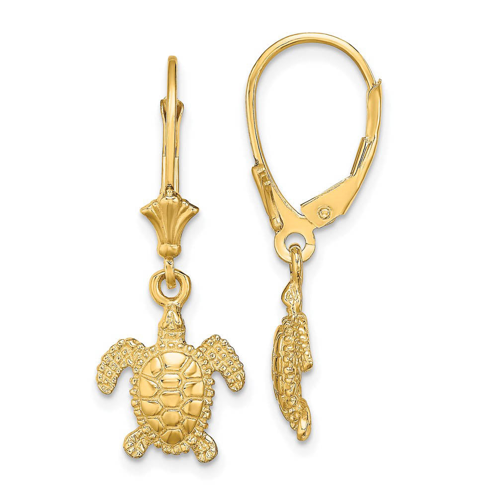 11mm Textured Sea Turtle Lever Back Earrings in 14k Yellow Gold, Item E10923 by The Black Bow Jewelry Co.