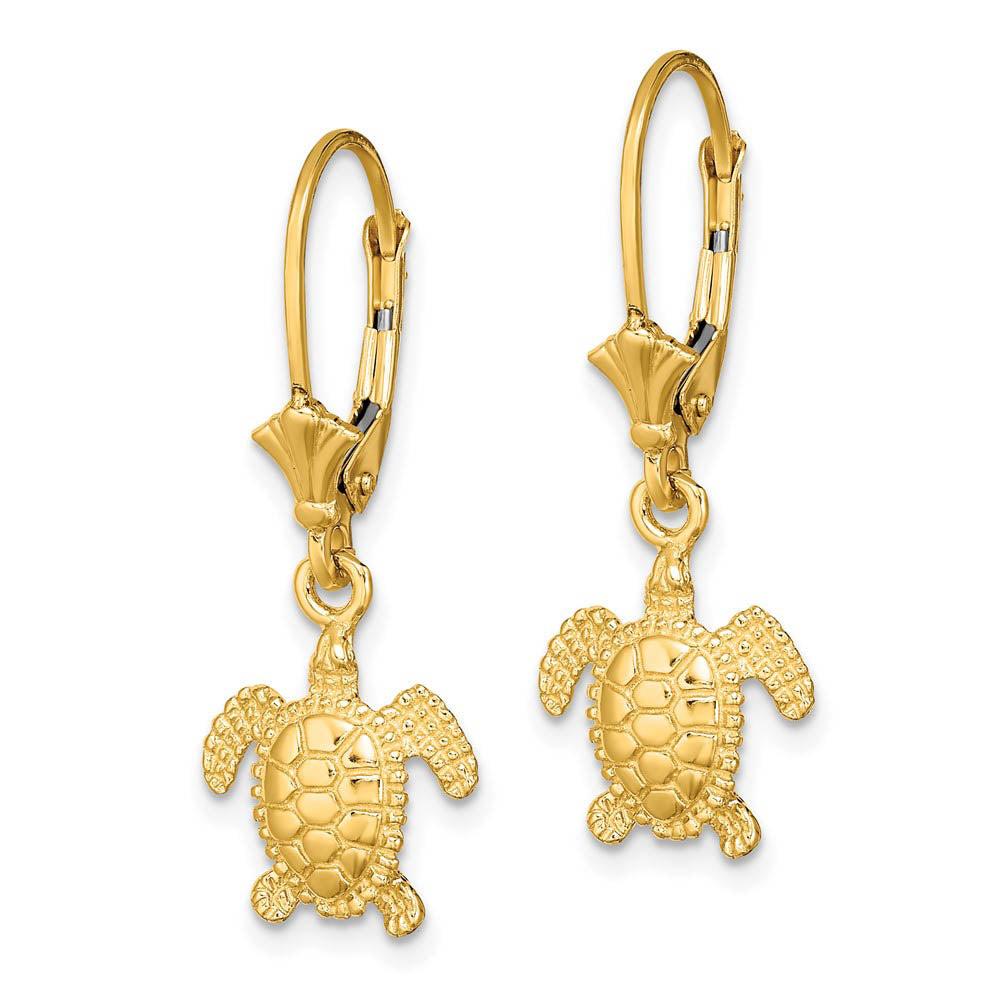 Alternate view of the 11mm Textured Sea Turtle Lever Back Earrings in 14k Yellow Gold by The Black Bow Jewelry Co.