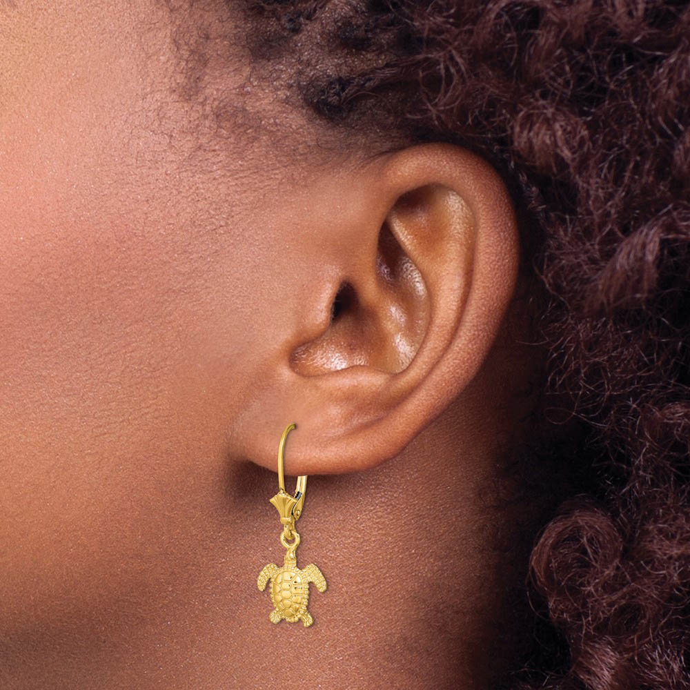 Alternate view of the 11mm Textured Sea Turtle Lever Back Earrings in 14k Yellow Gold by The Black Bow Jewelry Co.
