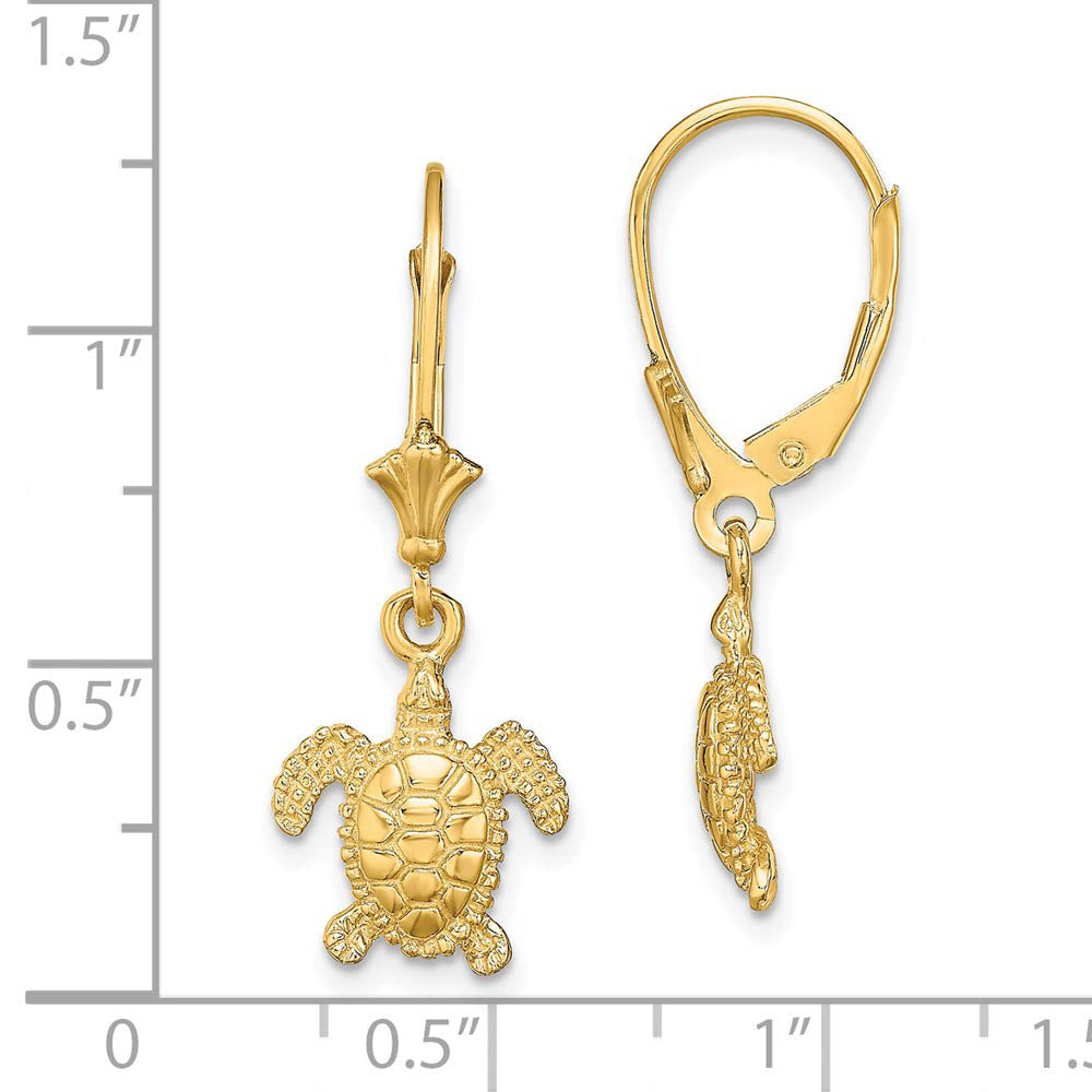 Alternate view of the 11mm Textured Sea Turtle Lever Back Earrings in 14k Yellow Gold by The Black Bow Jewelry Co.