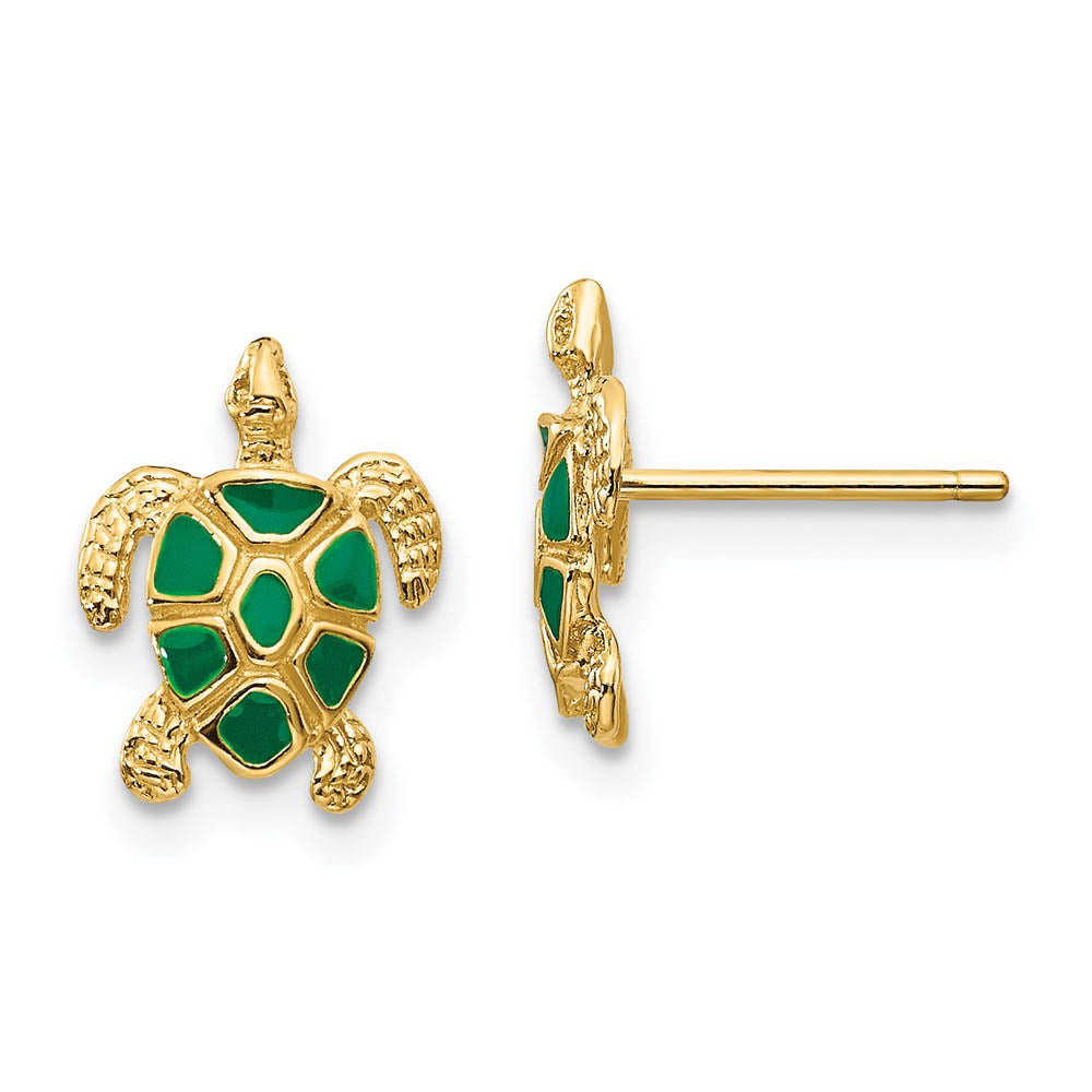 Small Green Enameled Sea Turtle Post Earrings in 14k Yellow Gold